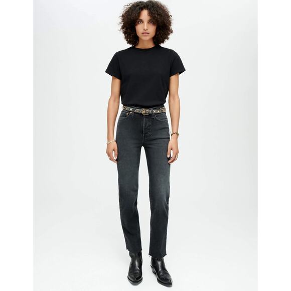 RE/DONE Size 26 70s Stove Pipe High Rise Washed Noir Denim Jeans $265 G18-15